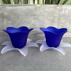 Frosted Blue Glass Tulip Votive Candle Holder - Set of 2